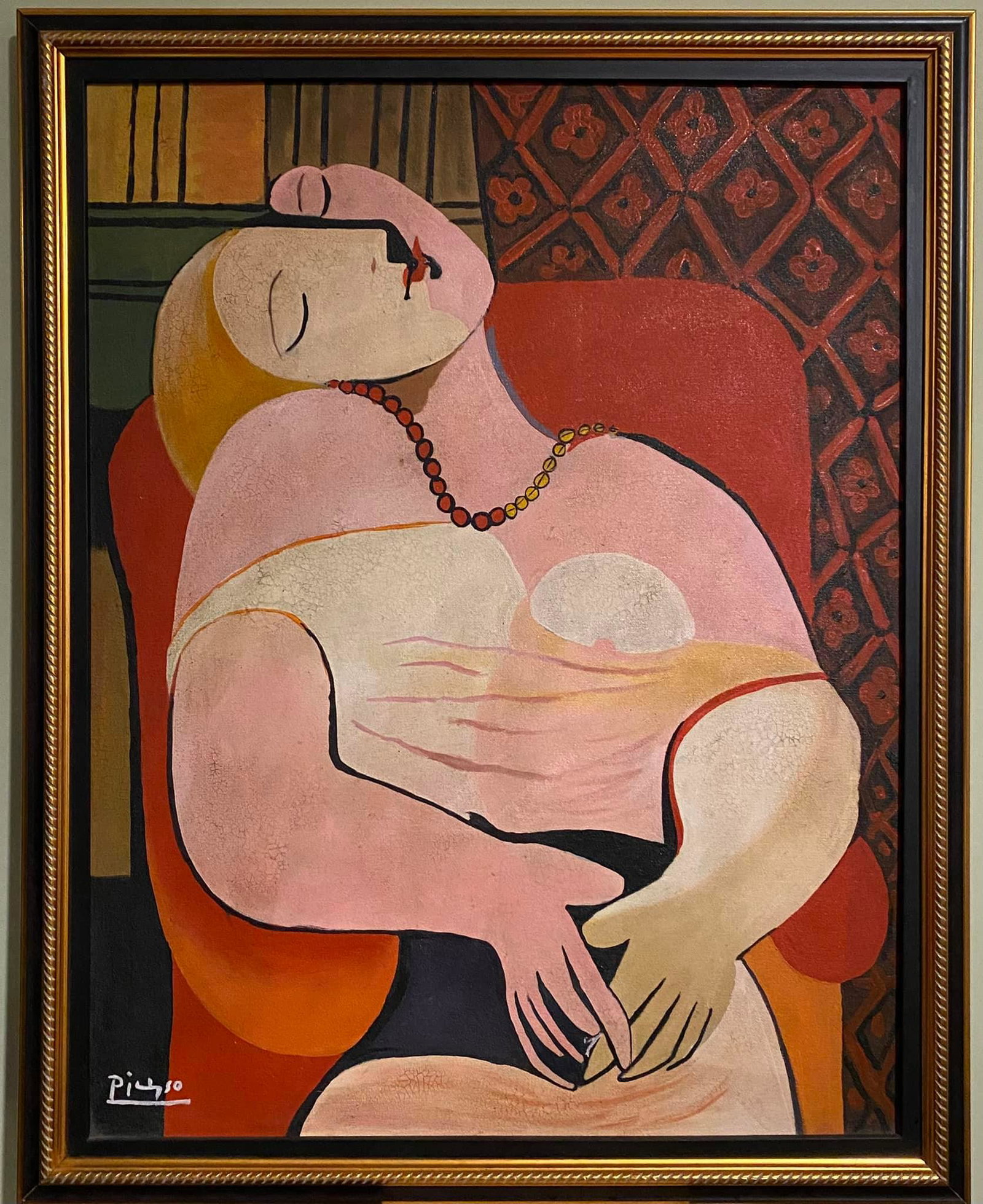 Pablo Picasso - Oil on Canvas (in the style of): style of modern artist Pablo Picasso (Spanish, 1881-1973). This Cubist piece depicts a female figure, all done with bold outline and fearless color. This dynamic piece would be a highlight to any mode