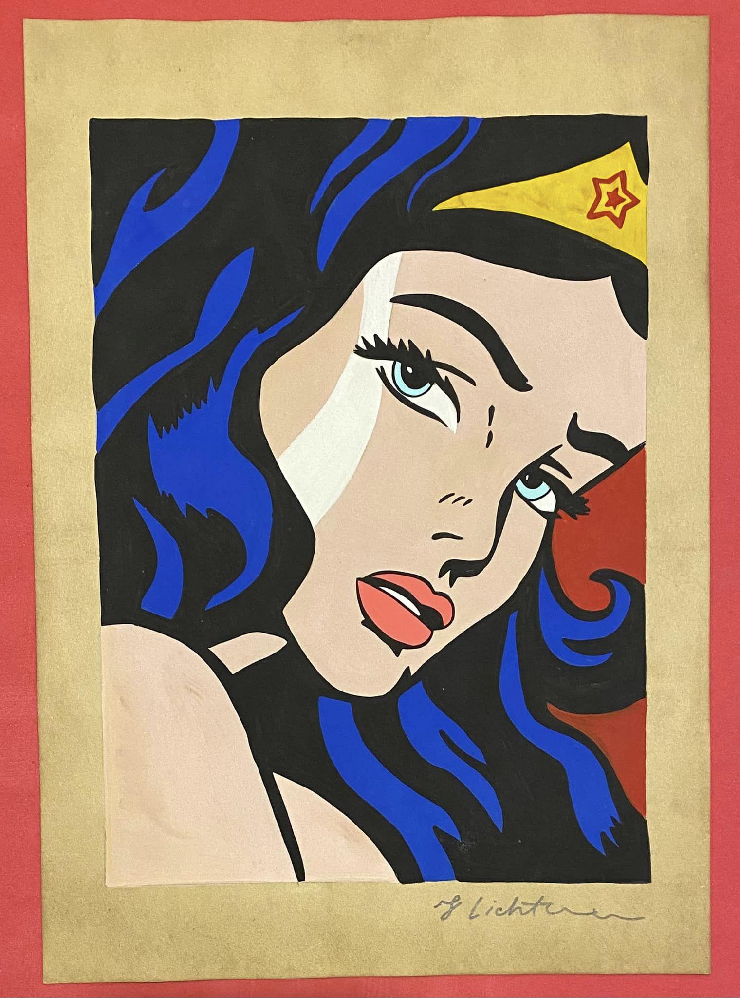 Roy Lichtenstein drawing (in the style of): In the style of Roy Lichtenstein Drawing on Paper 11 3/4 x 8 1/4 in. Roy Fox Lichtenstein was an American pop painter of pop art, graphic artist and sculptor, known above all for his large -scale inte