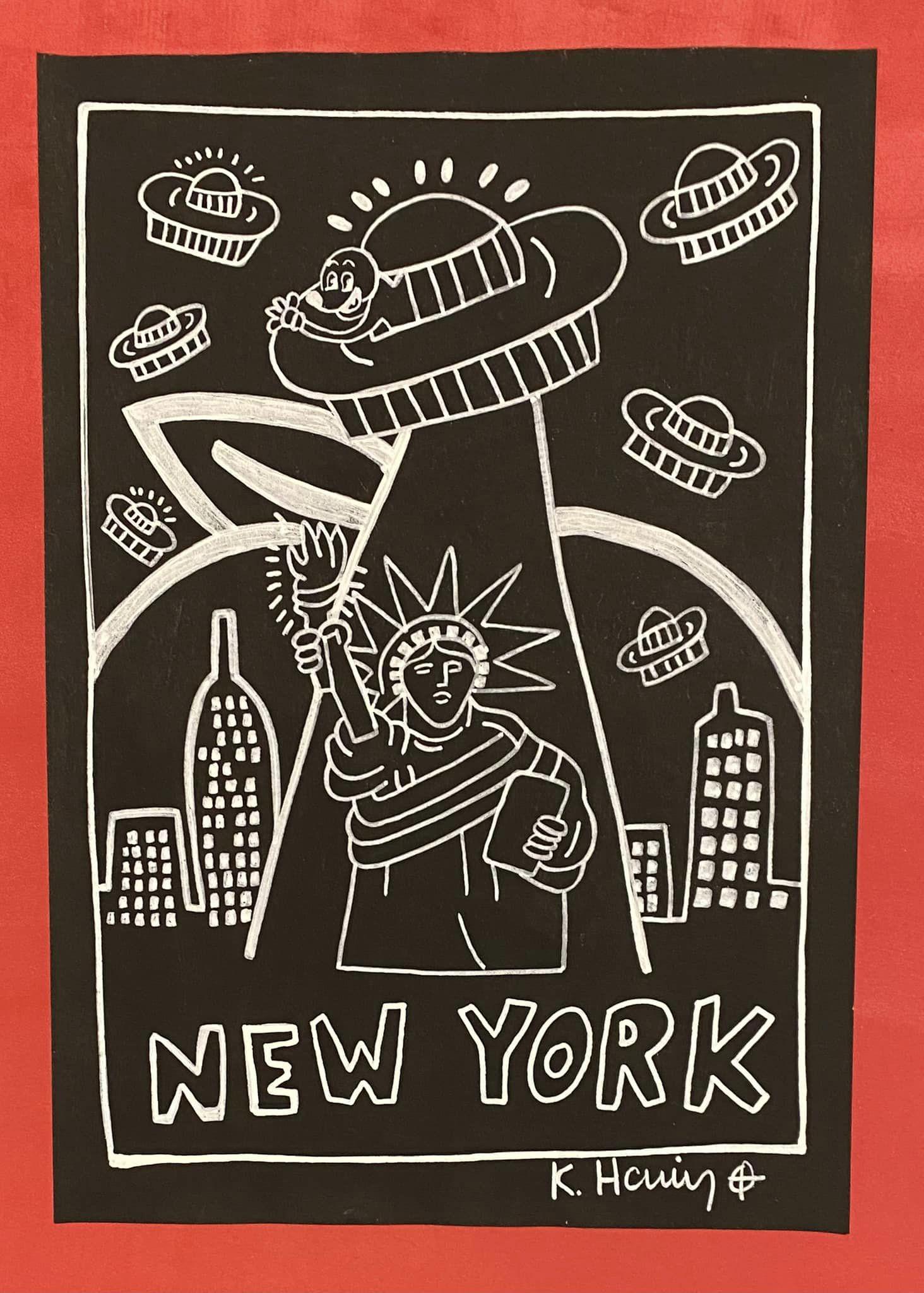 Keith Haring mixed media drawing (in the style of): In the style of Keith Haring Drawing on paper 11 3/4 x 8 1/4 in. Keith Haring was born in 1958 in Reading, Pennsylvania, and grew up in Kutztown, a nearby town. He died in New York in 1990. ... In 198