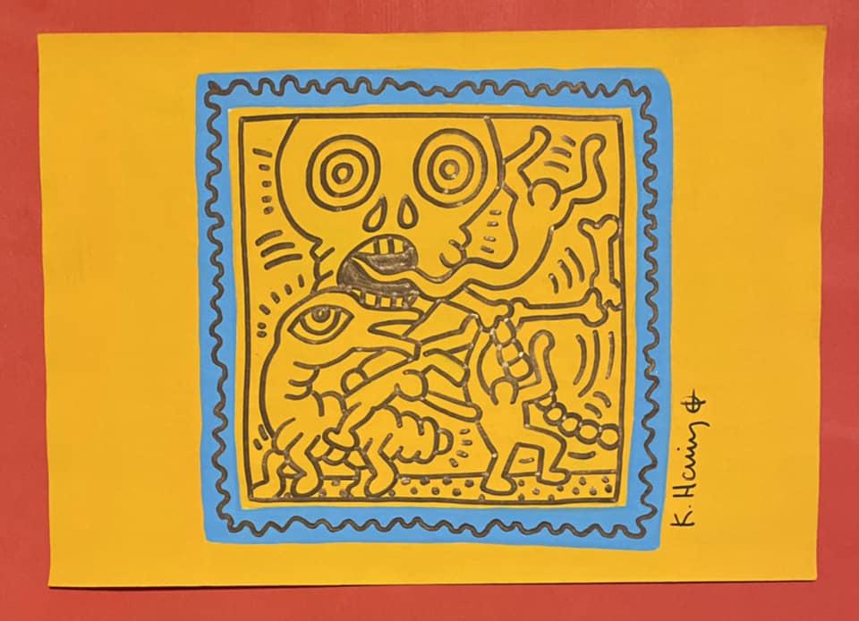 Keith Haring mixed media drawing (in the style of): In the style of Keith Haring Drawing on paper 11 3/4 x 8 1/4 in. Keith Haring was born in 1958 in Reading, Pennsylvania, and grew up in Kutztown, a nearby town. He died in New York in 1990. ... In 198
