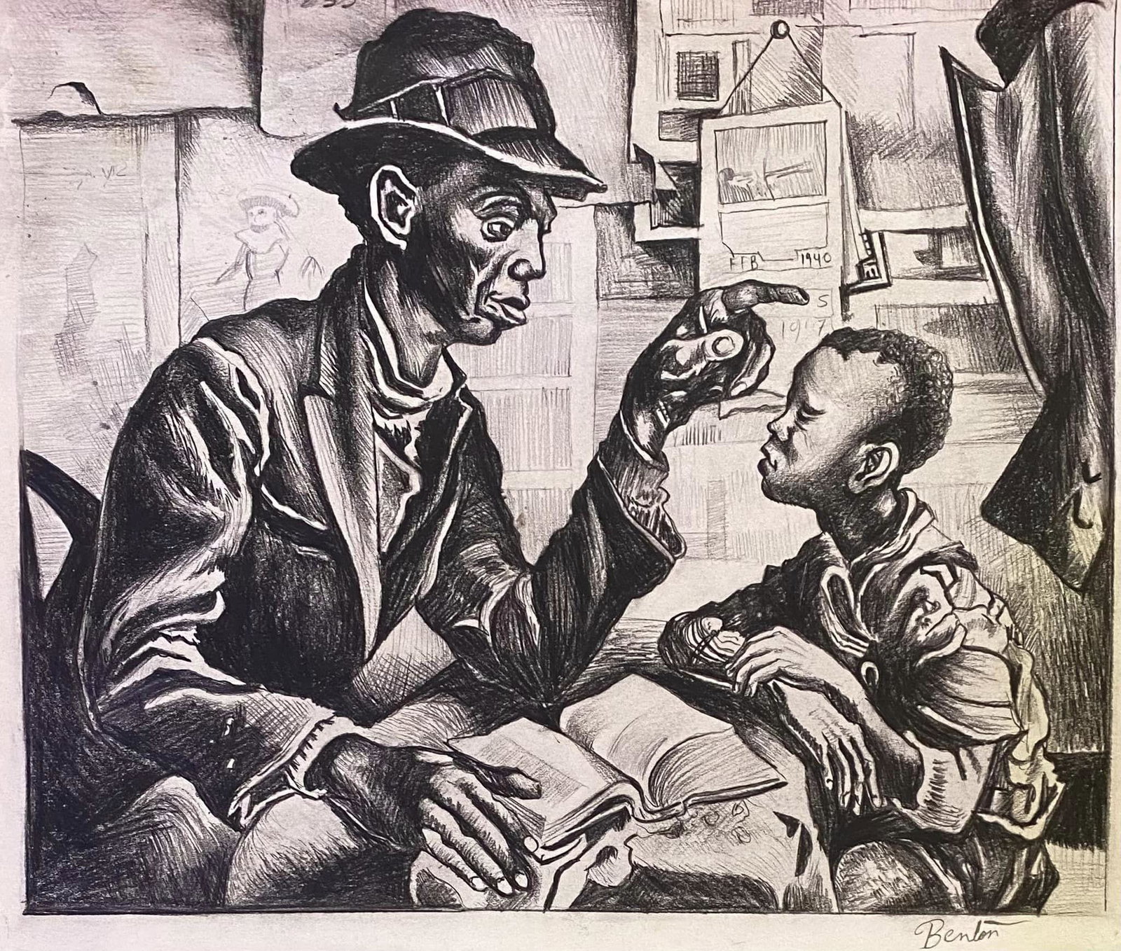 Thomas Hart Benton - In the style of: Thomas Hart Benton or Tom Benton was an American painter, famous for his fluid style, with sculptural figures and luminous representations of everyday scenes from the American Midwest. Measures 9 1/2 
