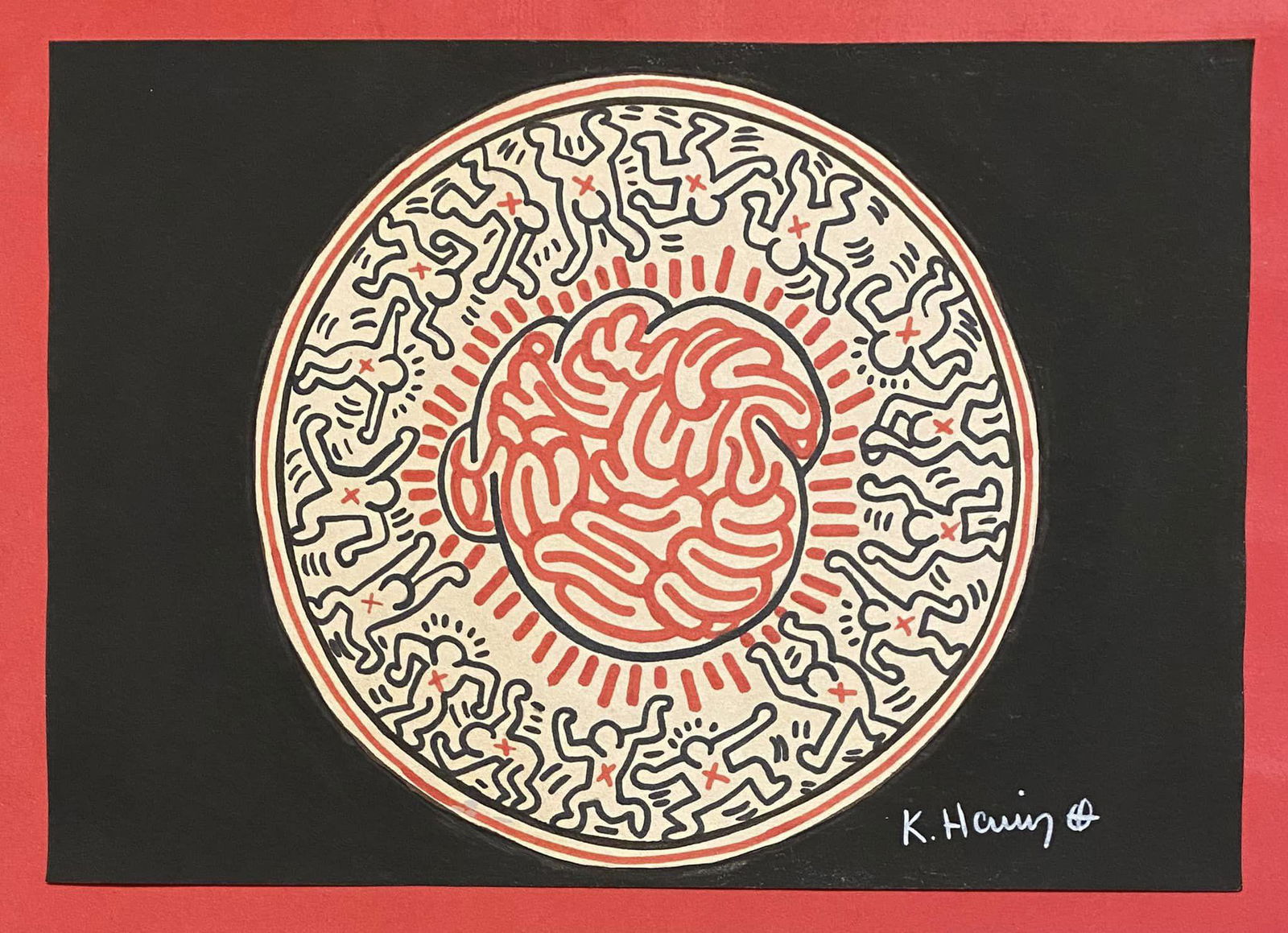 Keith Haring mixed media drawing (in the style of): In the style of Keith Haring Drawing on paper 11 3/4 x 8 1/4 in. Keith Haring was born in 1958 in Reading, Pennsylvania, and grew up in Kutztown, a nearby town. He died in New York in 1990. ... In 198