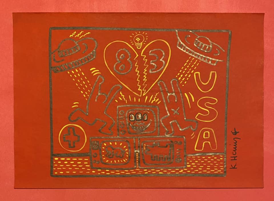 Keith Haring mixed media drawing (in the style of): In the style of Keith Haring Drawing on paper 11 3/4 x 8 1/4 in. Keith Haring was born in 1958 in Reading, Pennsylvania, and grew up in Kutztown, a nearby town. He died in New York in 1990. ... In 198