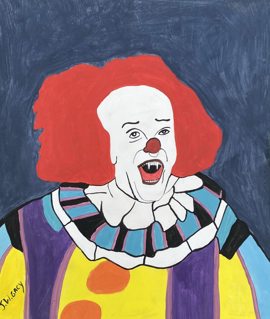 John Wayne Gacy (in the style of): John Wayne Gacy, also known as Pogo the Clown or The Killer Clown, was an American serial killer and sex offender who raped and killed at least 33 young men, mostly minors, between 1972 and 1978.This