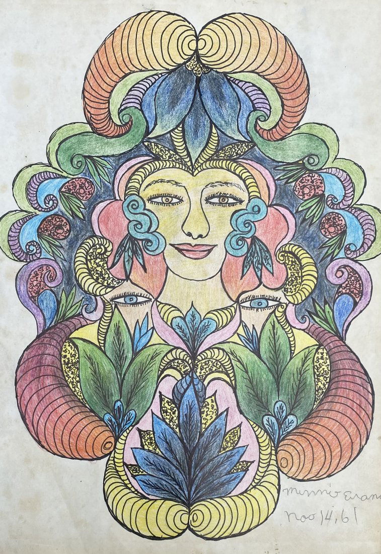 MINNIE EVANS PENCIL,COLORED PENCIL ON PAPER (in the style of): Minnie Eva Evans was an African-American artist who worked in the United States from the 1940s to the 1980s. Evans used different types of media in her work, including oils and graphite, but she began