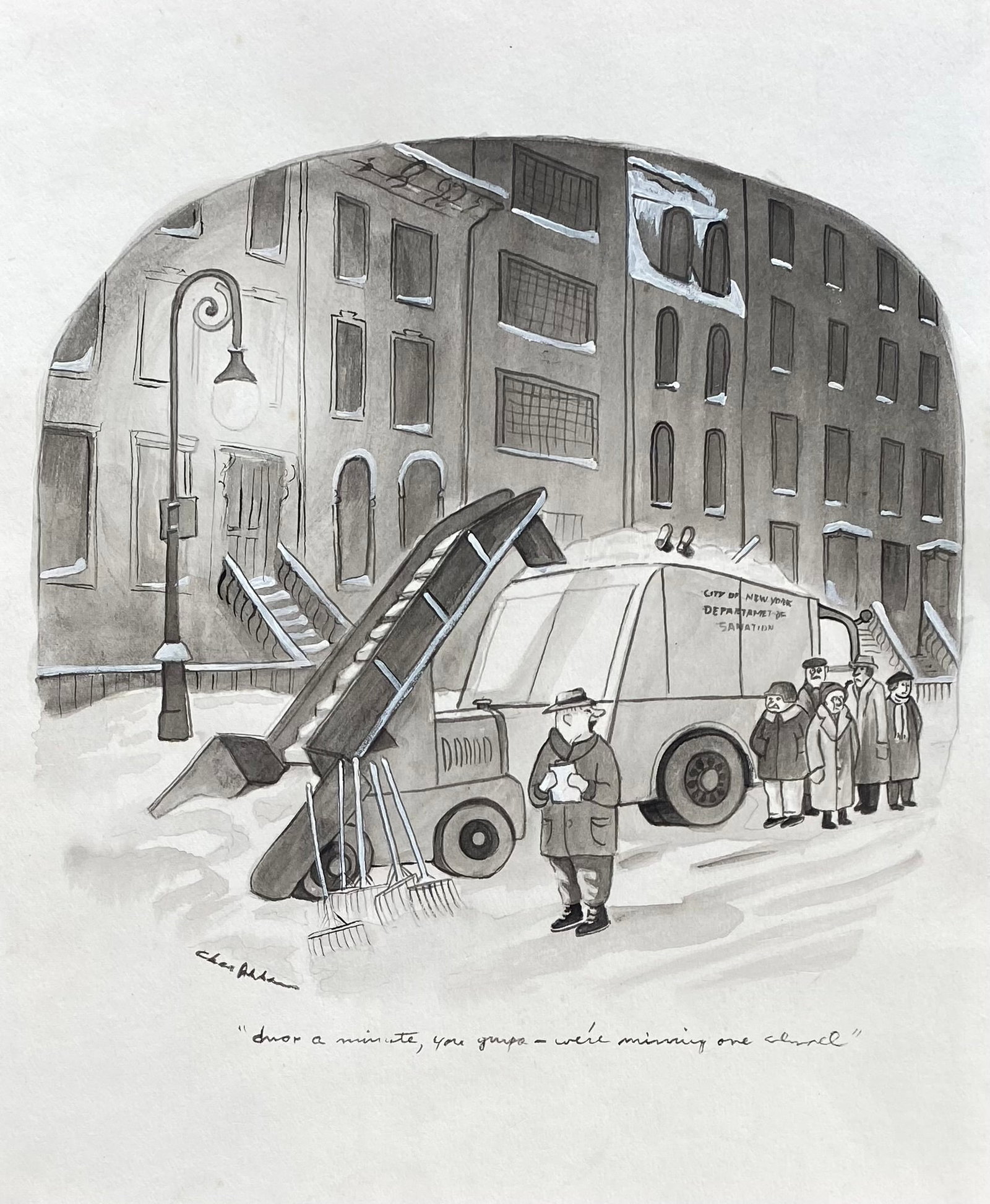 Charles Addams (1912 - 1988) in the style of: In the style of Charles Addams. American cartoonist, Charles Addams is best known for creating The Addams Family, a series of sinister and endearing comic book characters that were successfully adapte