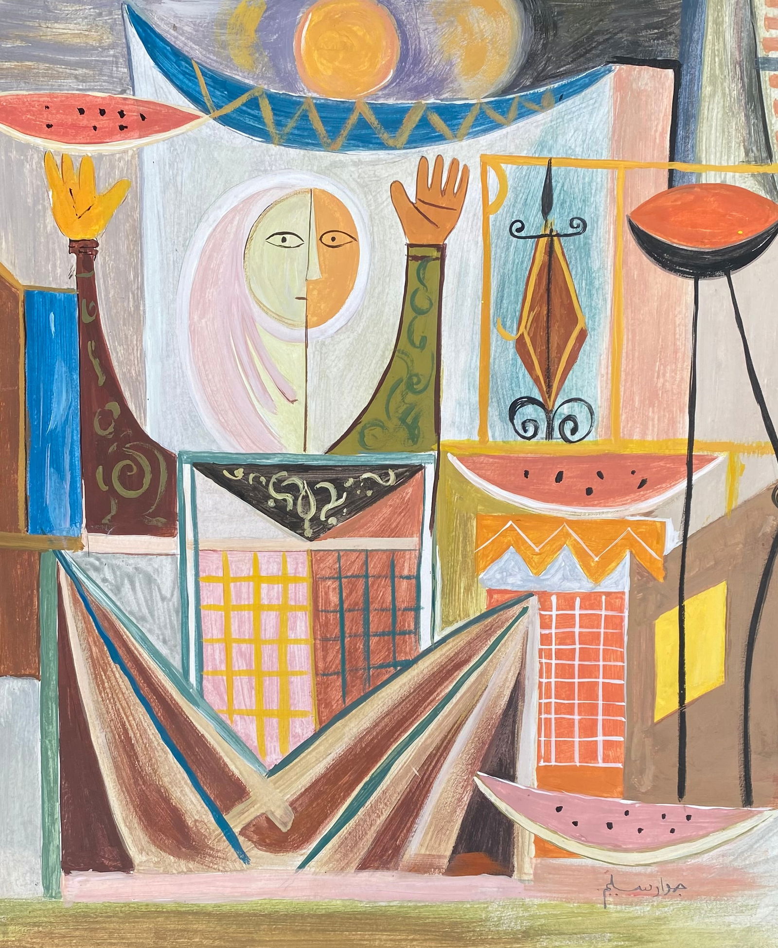 Jewad Selim (In the style of): Jewad Selim was an Iraqi painter and sculptor born in Ankara, Ottoman Empire in 1919. He became an influential artist through his involvement with the Iraqi Baghdad Modern Art Group, which encouraged