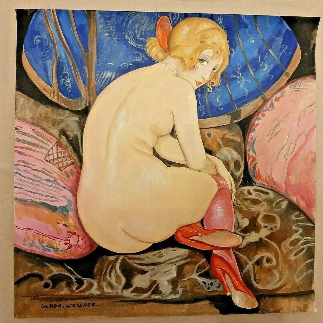 Gerda Wegener (Watercolor on cardboard) In the style of: In the style of Gerda Wegener (15 March 1886 - 28 July 1940) was a Danish illustrator and painter. Wegener is known for her fashion illustrations and later her paintings that pushed the boundaries her
