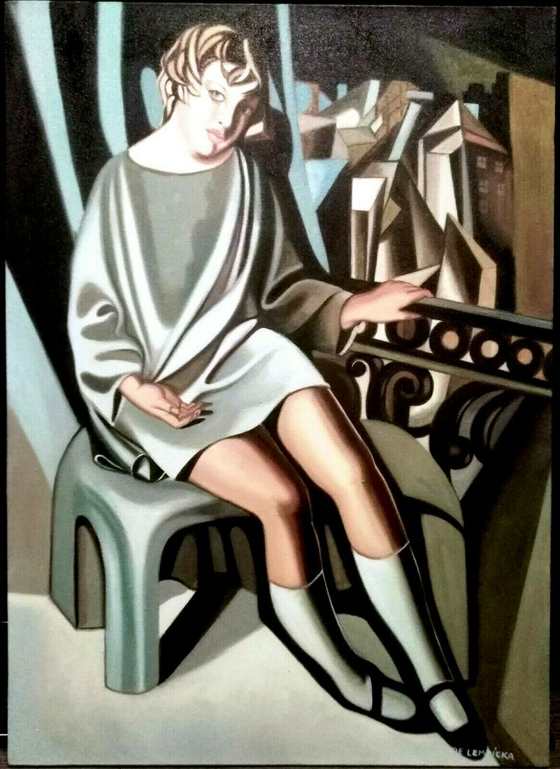 Tamara De Lempicka (Oil on Canvas) In the style of: In the style of Tamara Lempicka (16 May 1898 - 18 March 1980). Polish painter who spent her working life in France and the United States. She is best known for her polished Art Deco portraits of arist