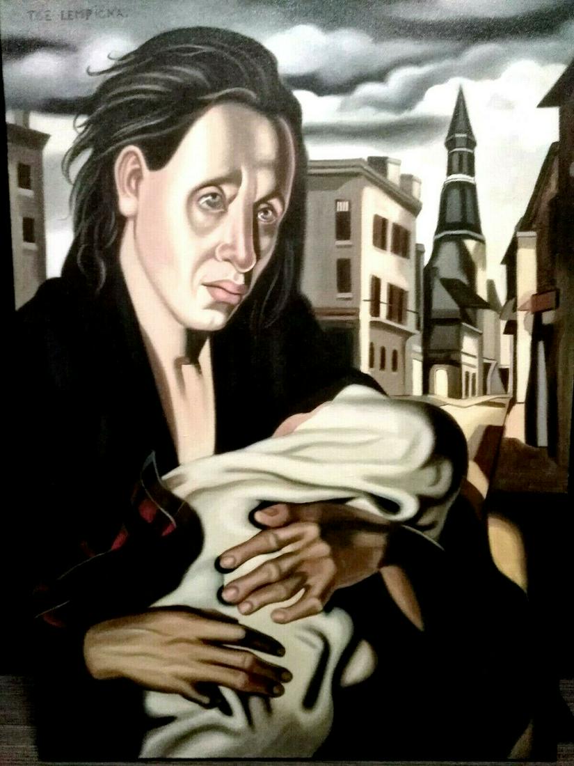 Tamara De Lempicka (Oil on Canvas) In the style of: In the style of Tamara Lempicka (16 May 1898 - 18 March 1980). Polish painter who spent her working life in France and the United States. She is best known for her polished Art Deco portraits of arist