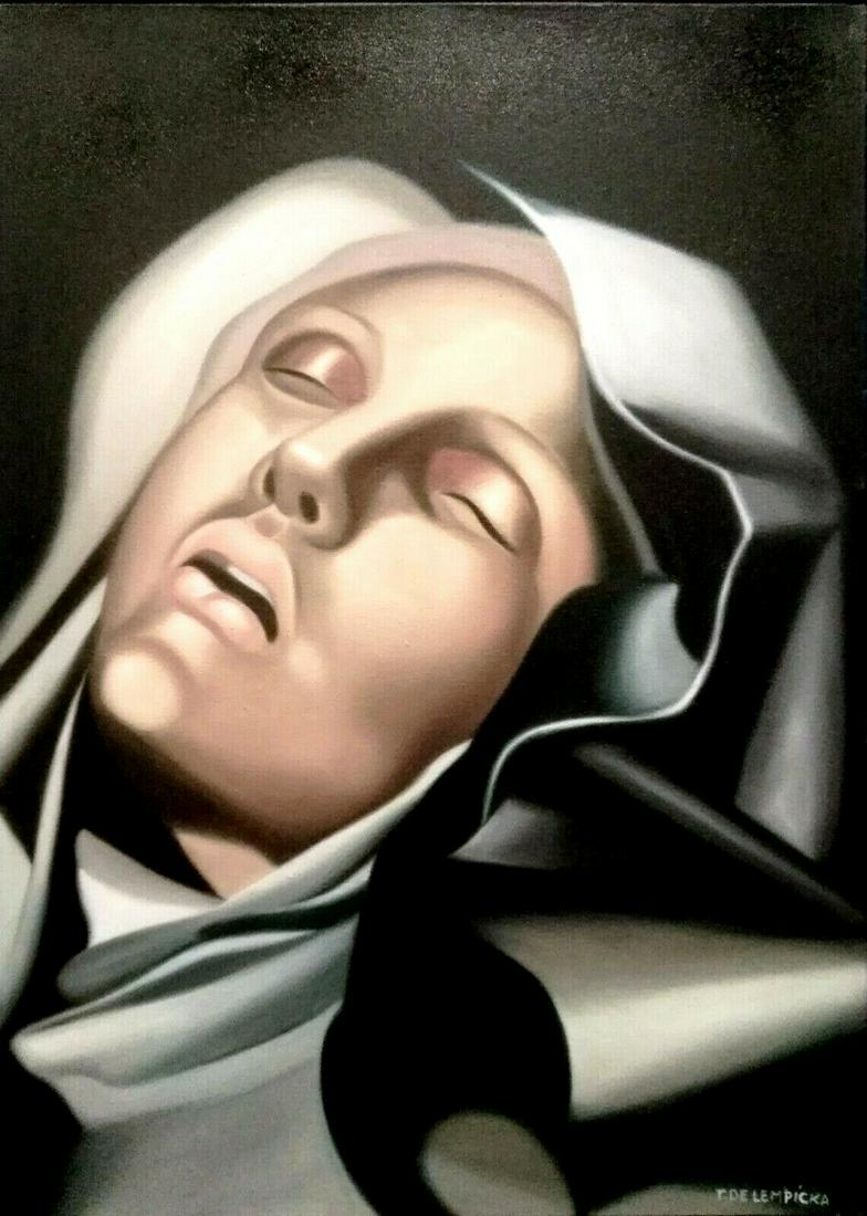 Tamara De Lempicka (Oil on Canvas) In the style of: In the style of Tamara Lempicka (16 May 1898 - 18 March 1980). Polish painter who spent her working life in France and the United States. She is best known for her polished Art Deco portraits of arist