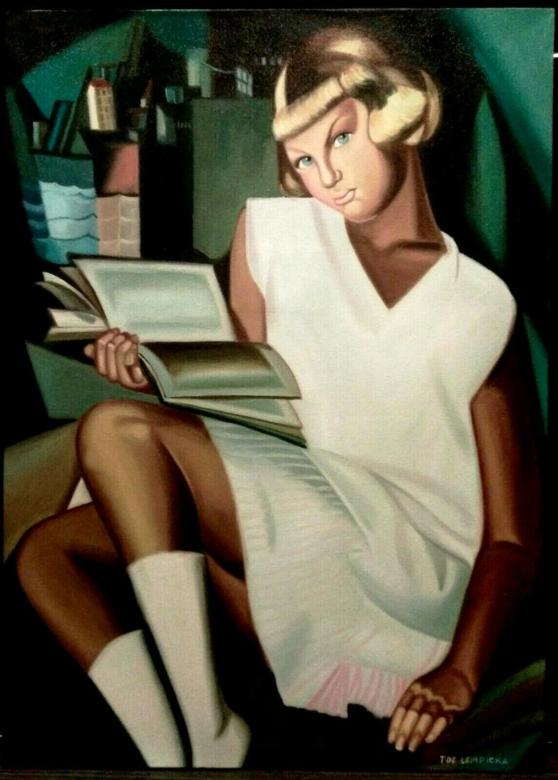 Tamara De Lempicka (Oil on Canvas) In the style of: In the style of Tamara Lempicka (16 May 1898 - 18 March 1980). Polish painter who spent her working life in France and the United States. She is best known for her polished Art Deco portraits of arist
