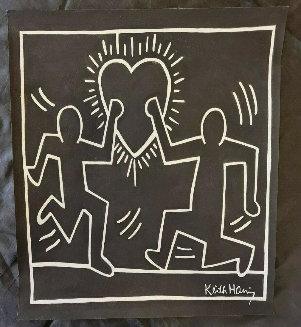 Keith Haring Handmade Mixed Technics Drawing On Carboard, 30X35cm In the style of (1 of 2)