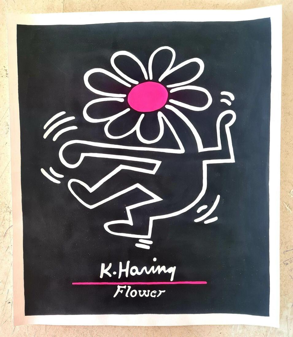 Keith Haring Handmade Mixed Technics Drawing On Carboard, 30X35cm In the style of: In the style of Keith Haring (May 4, 1958 - February 16, 1990) was an American artist whose pop art emerged from the New York City graffiti subculture of the 1980s. His animated imagery has "become a