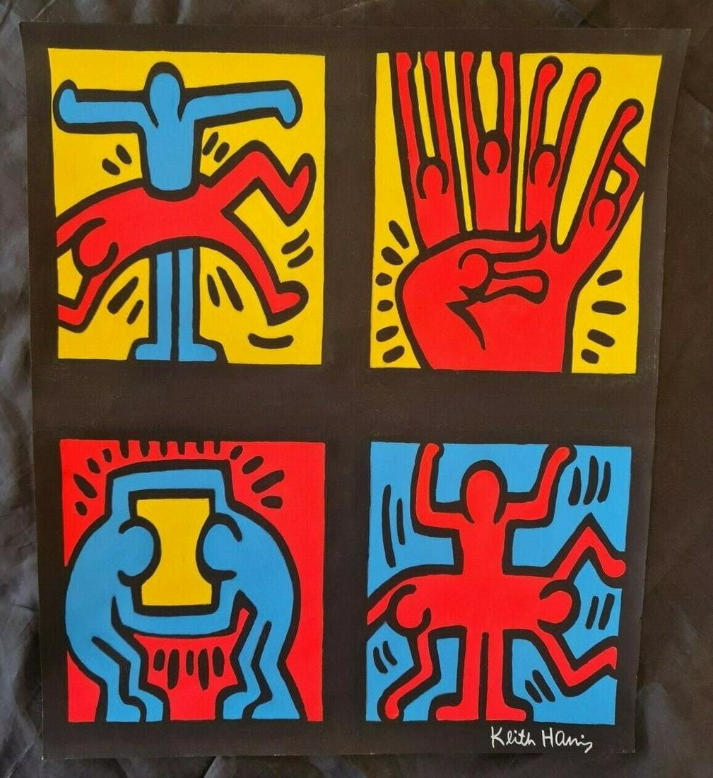 Keith Haring Handmade Mixed Technics Drawing On Carboard, 30X35cm In the style of: In the style of Keith Haring (May 4, 1958 - February 16, 1990) was an American artist whose pop art emerged from the New York City graffiti subculture of the 1980s. His animated imagery has "become a