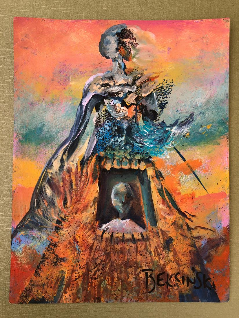 Zdzislaw Beksinski (Mixed Media on Cardboard painting) 21x29.5cm In the style of: In the style of Zdzislaw Beksinski (1929-2005) was a Polish artist best known for his surreal dystopian imagery. His paintings, photographs, and prints depicted macabre otherworldly spaces and figures