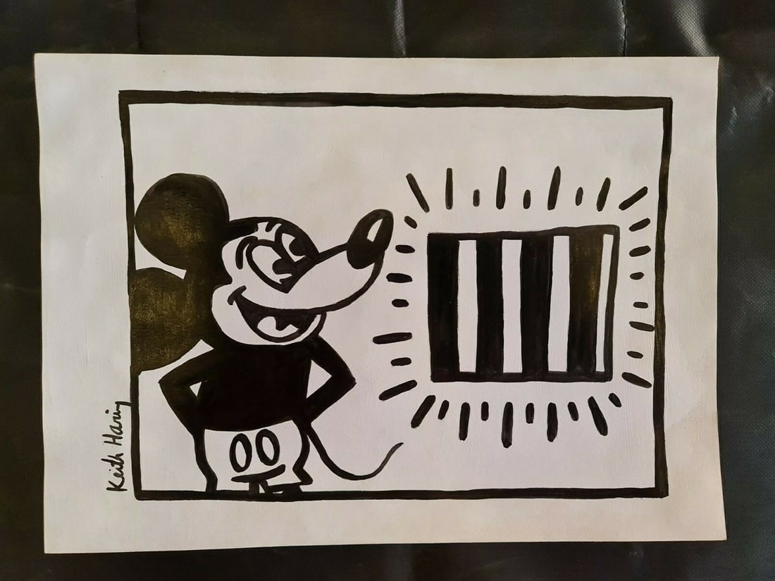 Keith Haring Handmade Ink Drawing On Carboard, 21cm x 30cm A4 In the style of: In the style of Keith Haring (May 4, 1958 - February 16, 1990) was an American artist whose pop art emerged from the New York City graffiti subculture of the 1980s. His animated imagery has "become a