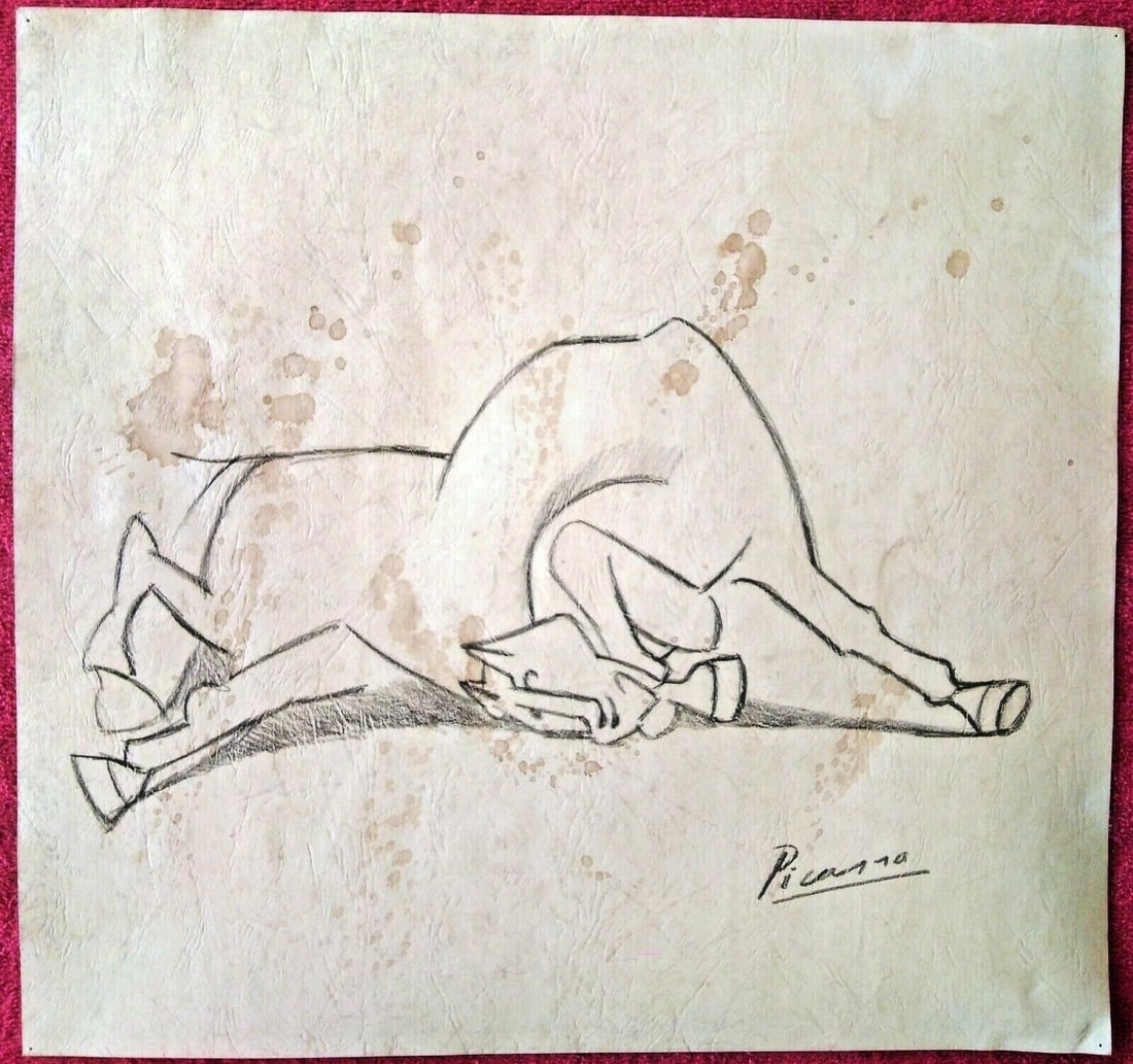 Pablo Picasso (Drawing on cardboard) 35cm x 33cm In the style of: In the style of Pablo Picasso (25 October 1881 - 8 April 1973) was a Spanish painter, sculptor, printmaker, ceramicist and theatre designer who spent most of his adult life in France. Regarded as one 
