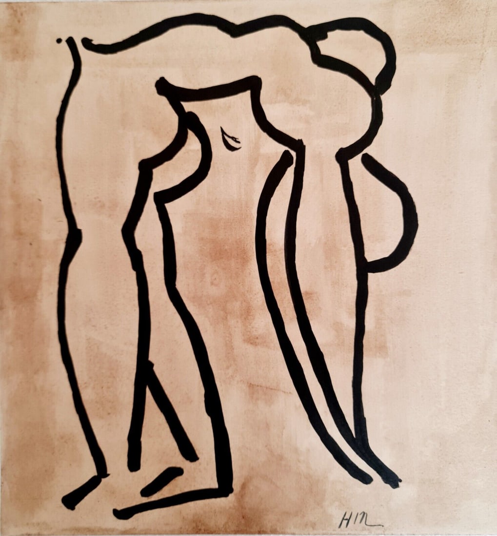 Henri Matisse Handmade Ink Drawing On Carboard, 35cm x 33cm In the style of: In the style of Henri Matisse (1869-1954) was one of the most influential French artists of the 20th century. Matisse’s use of unmodulated color, inventive figuration, and decorative patterns helped