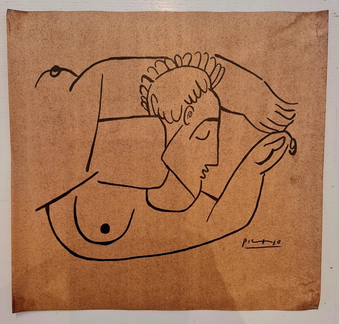 Pablo Picasso (Drawing on cardboard) 35cm x 33cm In the style of In the style of: In the style of Pablo Picasso (25 October 1881 - 8 April 1973) was a Spanish painter, sculptor, printmaker, ceramicist and theatre designer who spent most of his adult life in France. Regarded as one 