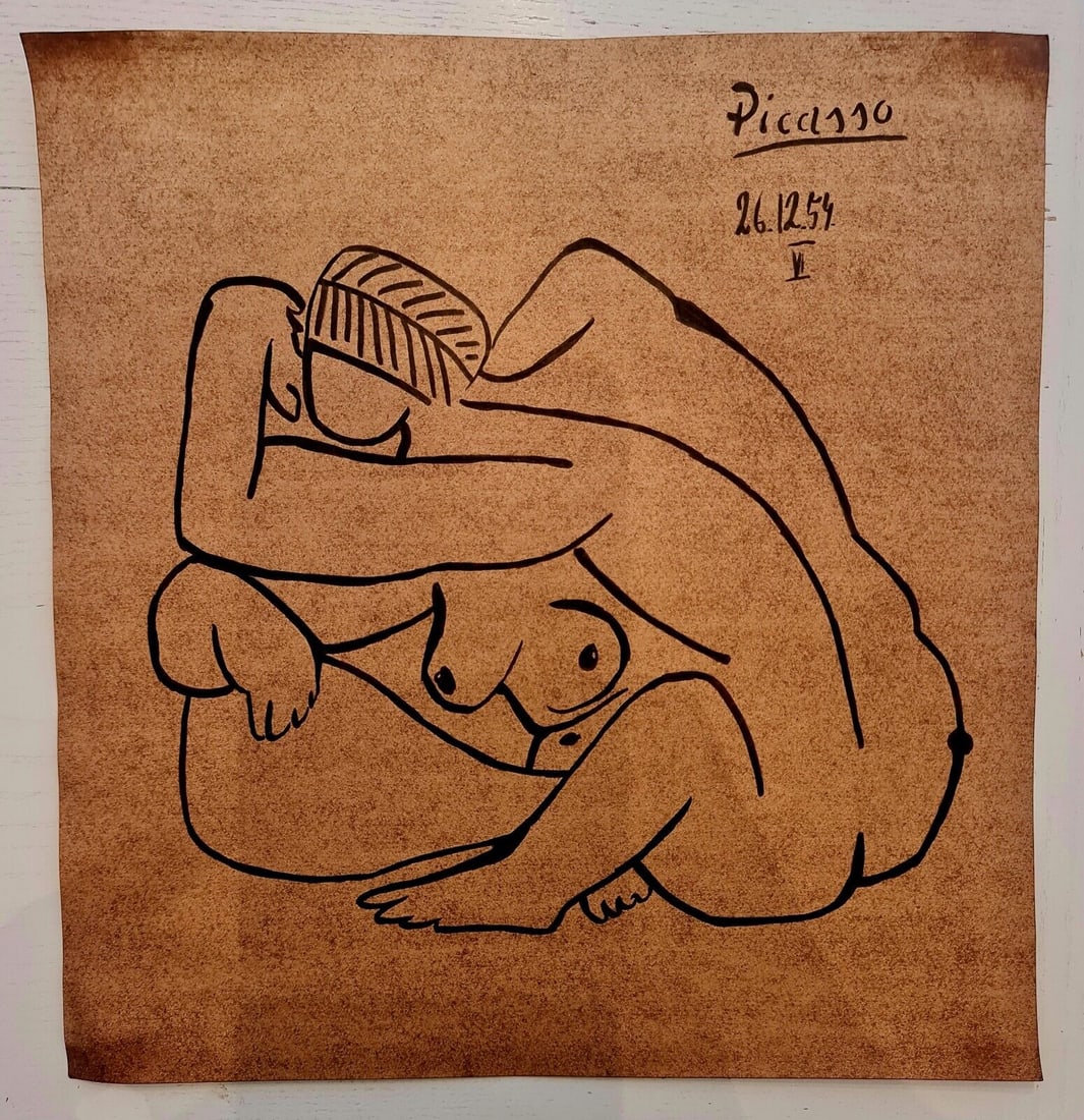 Pablo Picasso (Drawing on cardboard) 35cm x 33cm In the style of In the style of: In the style of Pablo Picasso (25 October 1881 - 8 April 1973) was a Spanish painter, sculptor, printmaker, ceramicist and theatre designer who spent most of his adult life in France. Regarded as one 