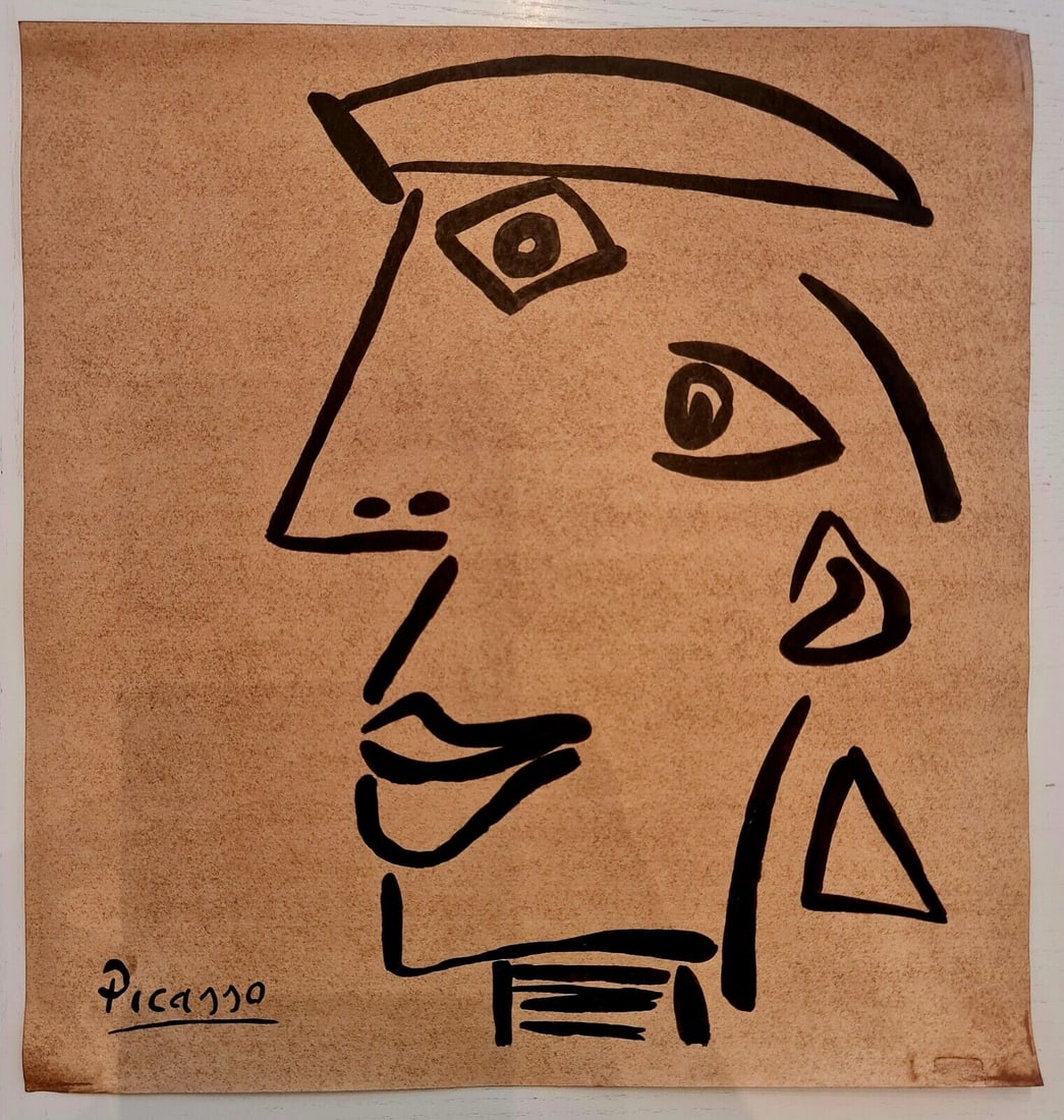 Pablo Picasso (Drawing on cardboard) 35cm x 33cm In the style of In the style of: In the style of Pablo Picasso (25 October 1881 - 8 April 1973) was a Spanish painter, sculptor, printmaker, ceramicist and theatre designer who spent most of his adult life in France. Regarded as one 