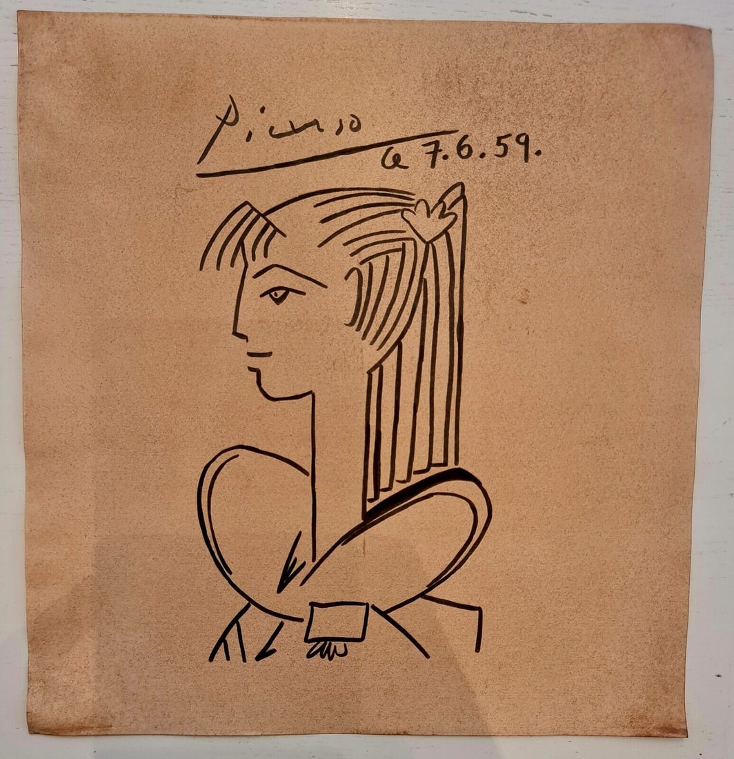 Pablo Picasso (Drawing on cardboard) 35cm x 33cm In the style of In the style of: In the style of Pablo Picasso (25 October 1881 - 8 April 1973) was a Spanish painter, sculptor, printmaker, ceramicist and theatre designer who spent most of his adult life in France. Regarded as one 