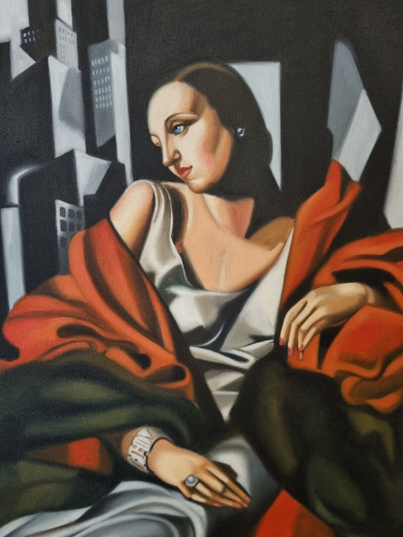Tamara De Lempicka (Oil on Canvas) Frameless 50x70 cm In the style of: In the style of Tamara Lempicka (16 May 1898 - 18 March 1980). Polish painter who spent her working life in France and the United States. She is best known for her polished Art Deco portraits of arist