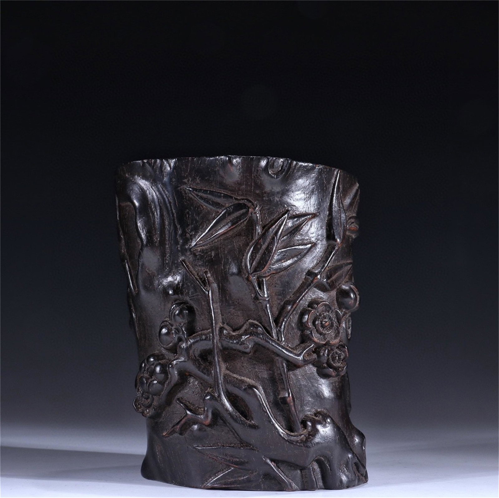 A Carved Zitan Wood Brush Pot: A Carved Zitan Wood Brush Pot, Ht. 13.4cm, Wd. 11.2cm,