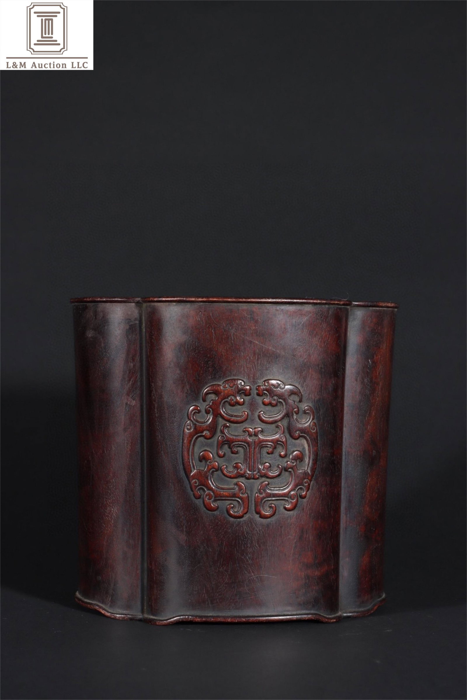 A Chinese Carved Zitan Wood Brush Pot: A Chinese Carved Zitan Wood Brush Pot, Ht. 19.5cm, Wd. 20.5cm,