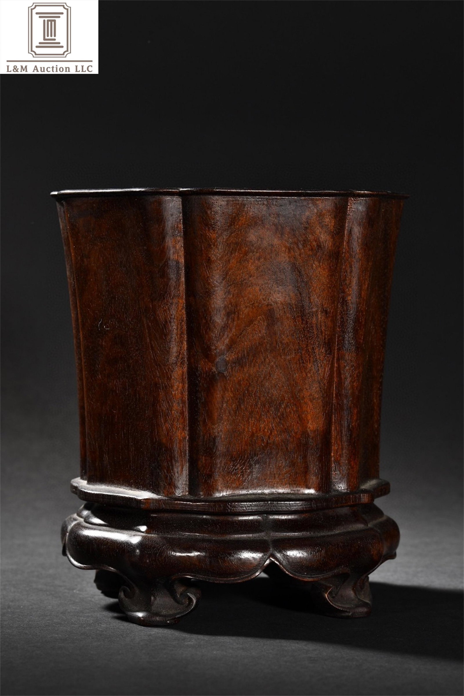 A Chinese Carved Zitan Wood Brush Pot: A Chinese Carved Zitan Wood Brush Pot, Ht. 17.6cm, Wd. 15.2cm,