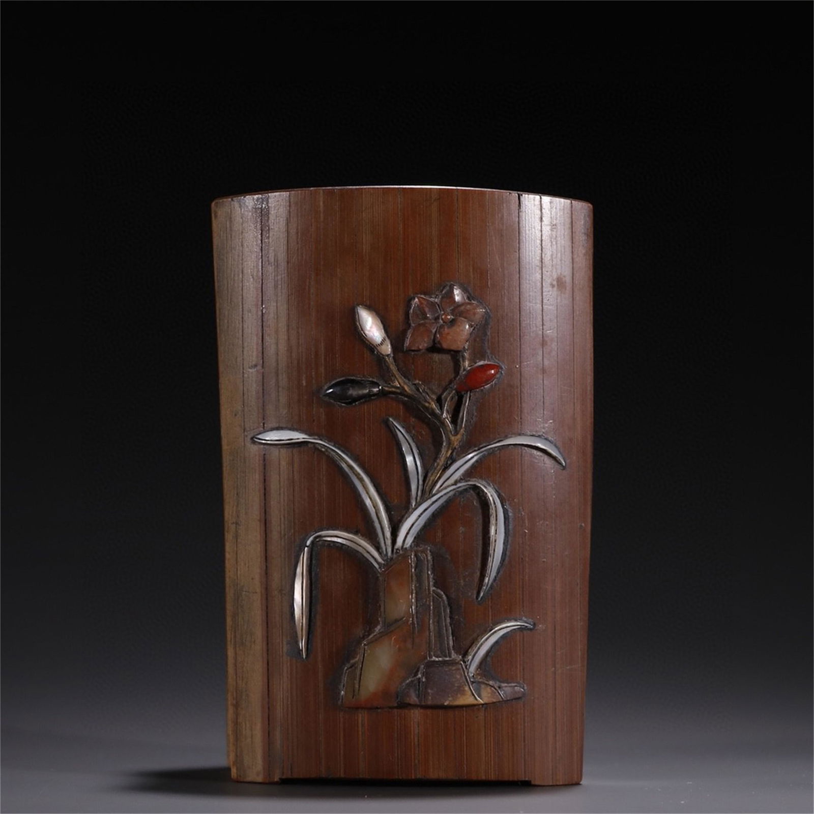 A Chinese Carved Bamboo Brush Pot with Flower Pattern (1 of 9)
