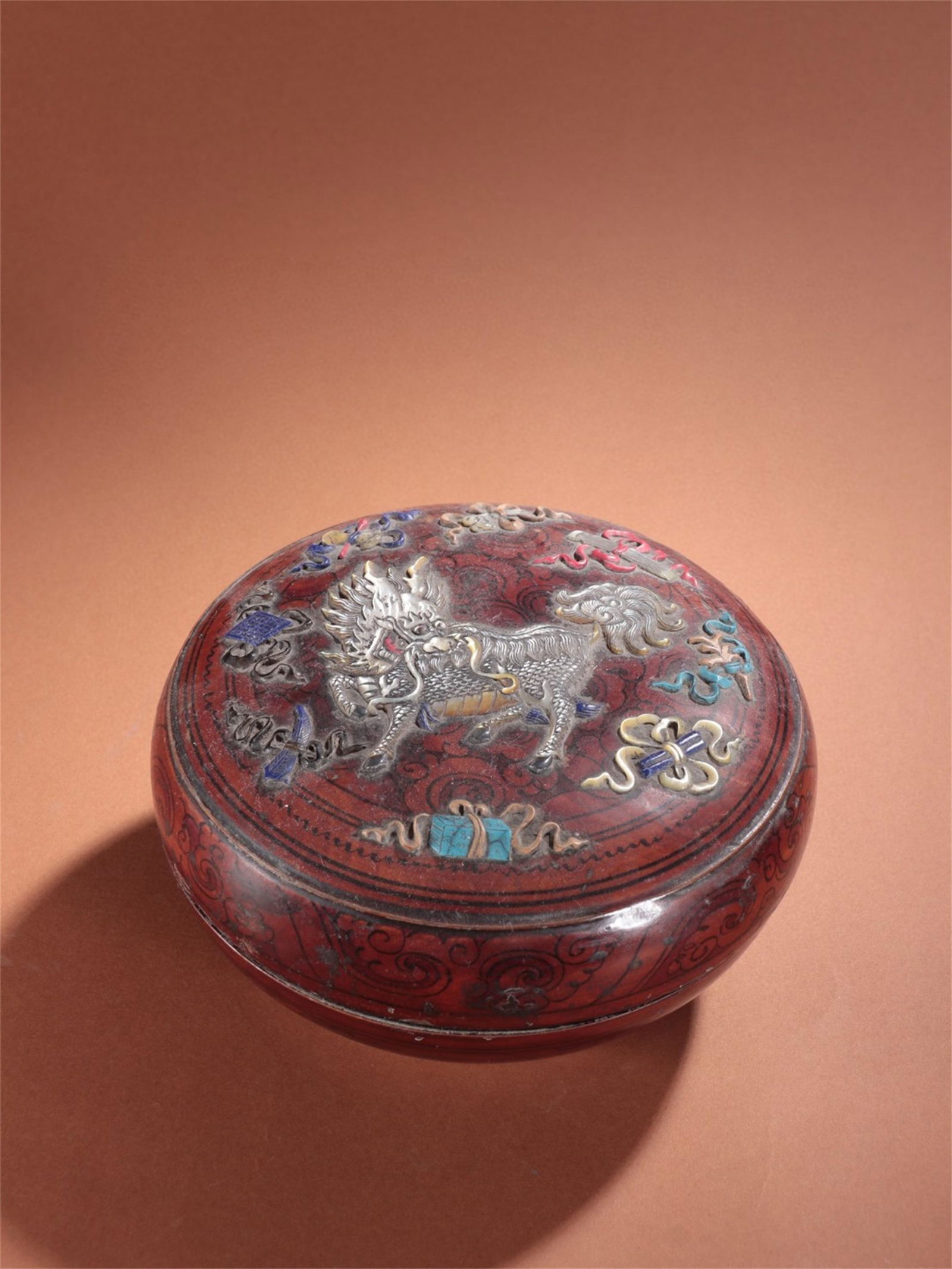 A Chinese Carved Lacquer Lidded Box with Kylin (1 of 9)