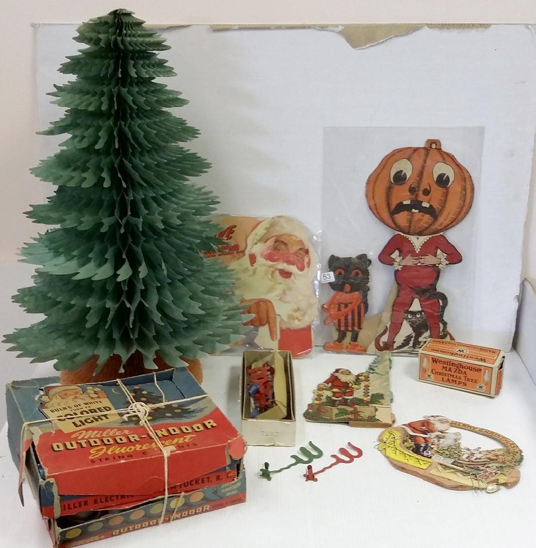 Group of holiday items including Beistle Halloween: Group of holiday items including Beistle Halloween cut-out, vintage Christmas pop-ups & Christmas decorations