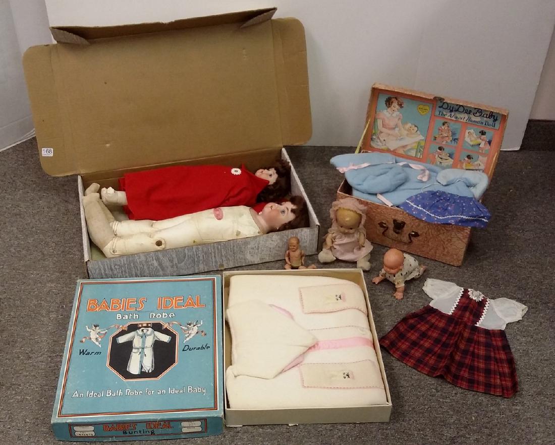 2 antique bisque head dolls, Dy-Dee Baby trunk &: 2 antique bisque head dolls, Dy-Dee Baby trunk & clothes, small dolls & Babies Ideal robe in box