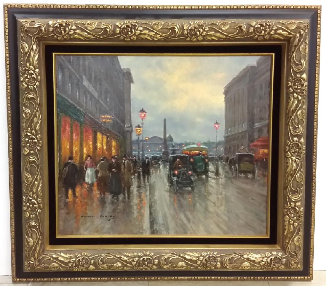 Framed signed Edouard Cortes oil on canvas- street: Framed signed Edouard Cortes oil on canvas- street scene- approx. 21 1/2" x 17 1/2" inside dimension; 30 1/4" x 27 1/4" outside dimension