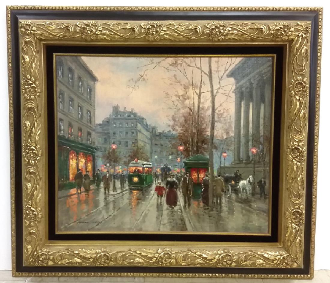 Framed signed Edouard Cortes oil on canvas- street: Framed signed Edouard Cortes oil on canvas- street scene, Paris, trolley 21 1/4" x 17 3/4" inside dimension; 31" x 27" outside dimension