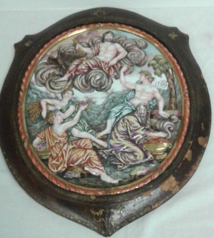 Antique Capodimonte shield form plaque with leather (1 of 7)