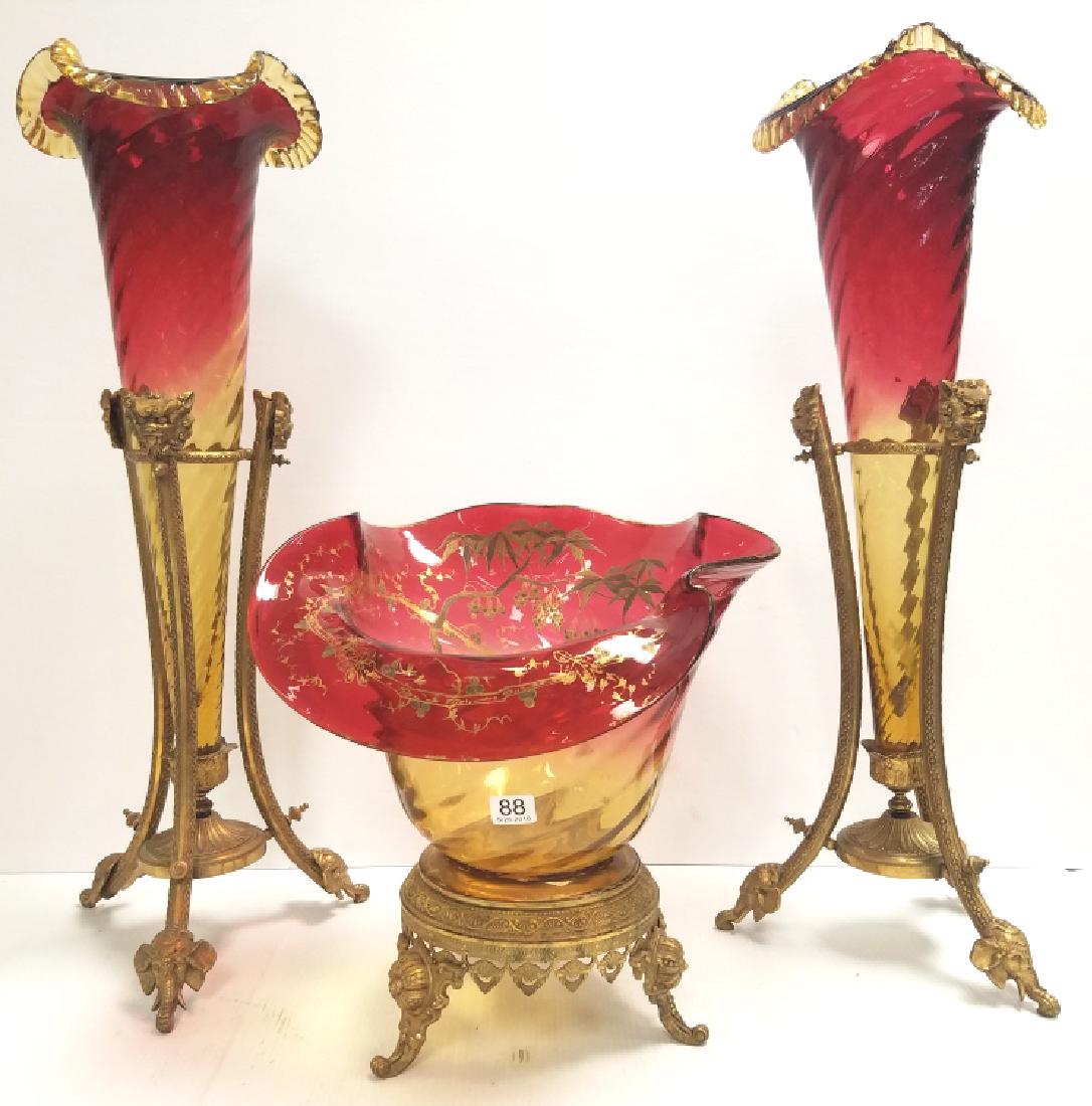 3 pieces of Victorian Amberina glass- 2- 24" epergnes: 3 pieces of Victorian Amberina glass- 2- 24" epergnes in elephant motif stands & a center bowl on stand