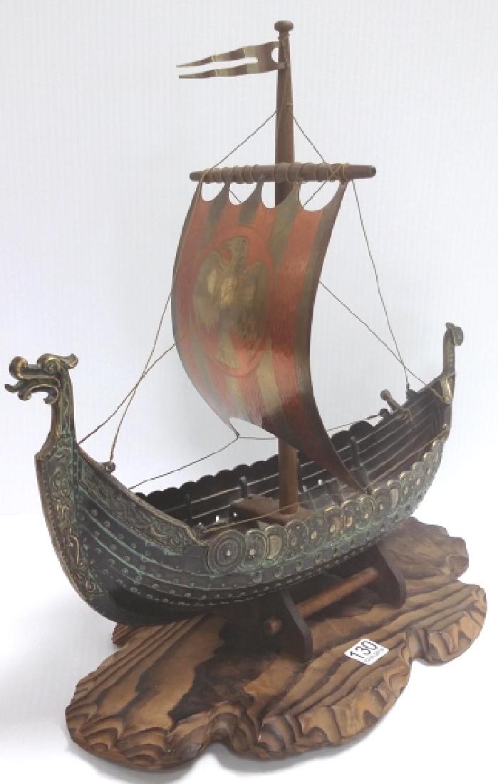 Approx. 16" bronze & copper Viking ship on wooden base (1 of 7)