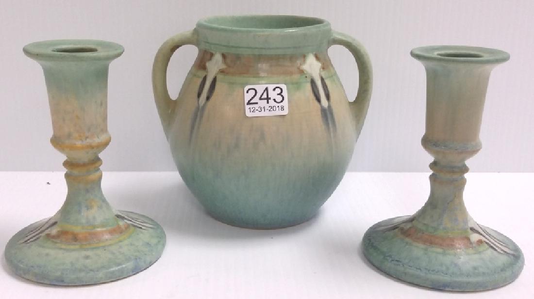 5" unsigned Roseville Monticello vase & a pair of (1 of 5)