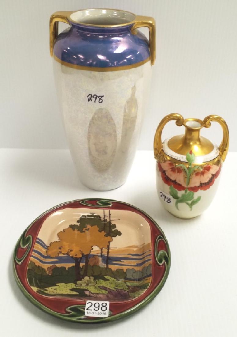 Arts & Crafts landscape pottery tray, artist signed (1 of 8)