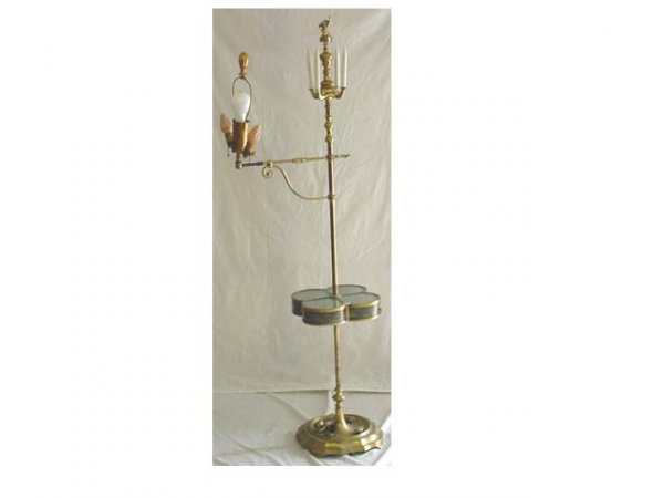 Unusual bronze floor lamp table with hand painted: Unusual bronze floor lamp table with hand painted panels & bronze turtle design