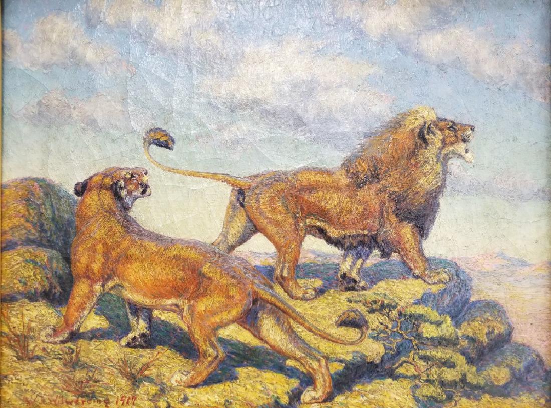 W.J. Wilwerding 1917 framed signed oil on canvas- lions (1 of 8)
