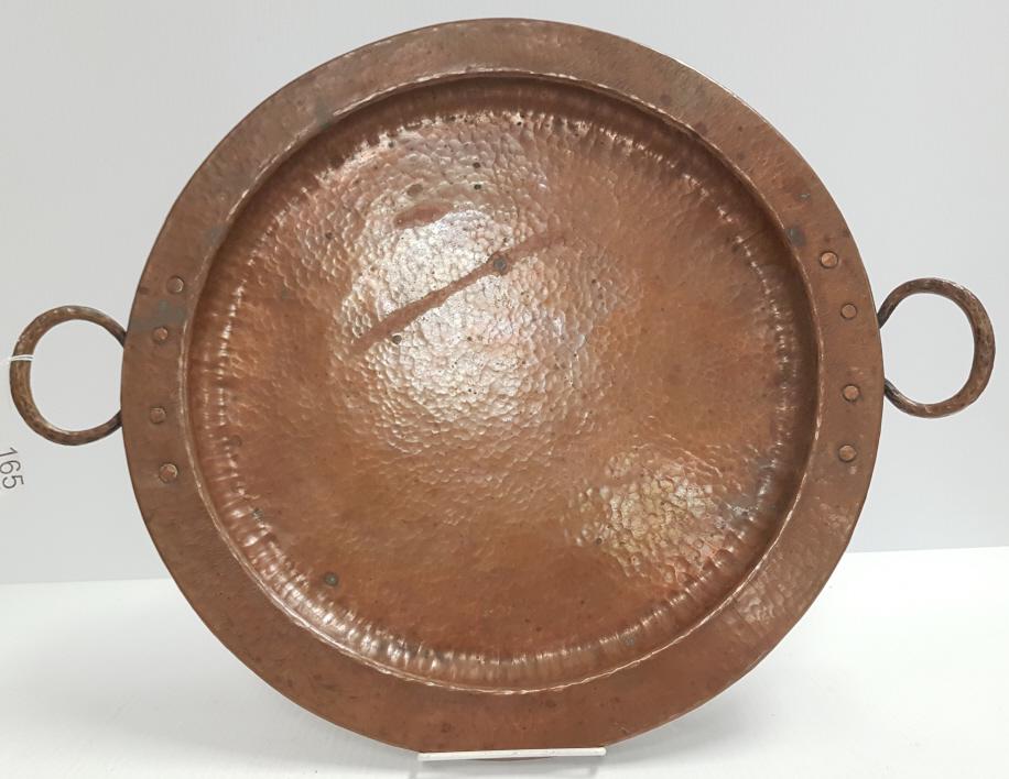 Unsigned Stickley (?) 19 1/2" hammered copper tray with: Unsigned Stickley (?) 19 1/2" hammered copper tray with handles