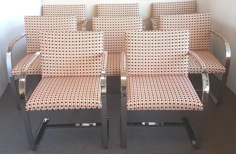 8 chrome plated Knoll style Brno upholstered arm chairs: 8 chrome plated Knoll style Brno upholstered arm chairs-unsigned-no labels-31 1/2" tall x 22 7/8"w x 22 1/2" deep- minor chrome loses-upholstery shows light surface wear consistent with age with no ri