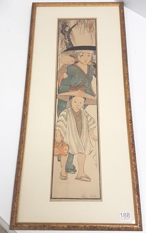 Helen Hyde, From the Rice Fields, color woodcut- pencil: Helen Hyde, From the Rice Fields, color woodcut- pencil signed lower right & numbered 150- 21 1/2" x 4 3/4" image