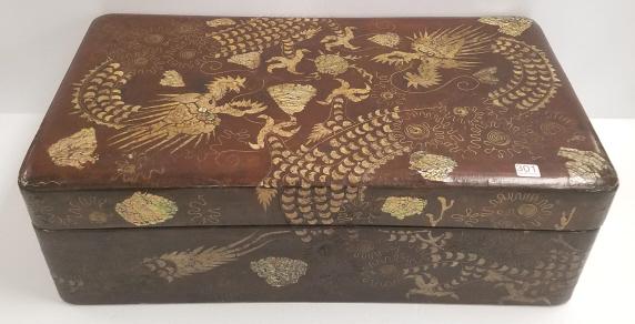 Antique Korean lacquer box inlaid with sharkskin,: Antique Korean lacquer box inlaid with sharkskin, mother of pearl & wire (some as seen) 9" x 15" x 27 1/2"