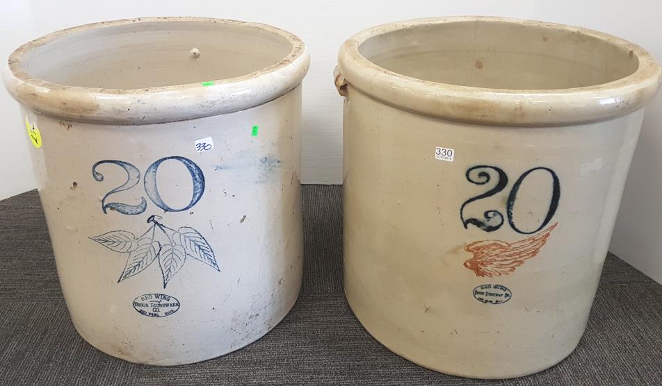 2- 20 gallon Red Wing crocks- 1 with birch leaves & ski: 2- 20 gallon Red Wing crocks- 1 with birch leaves & ski oval & 1 with wings