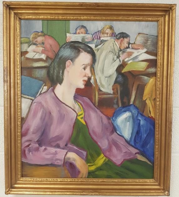 Framed Martin Petersen oil on board- Woman in Library-: Framed Martin Petersen oil on board- Woman in Library- 24" x 28"